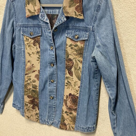 Vintage Lemon Grass Floral Upholstery Panel Button Long Sleeve Denim Jacket - Picture 4 of 5